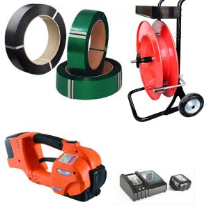 TES PRO kit de cerclage sur batterie, 12-16mm, 2x batterie, chargeur, sangle PET, chariot