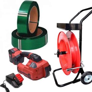 Kit de cerclage feuillard ARGON 12-16 mm PET/PP avec batterie et chargeur + feuillard PET 12 mm - chariot de cerclage