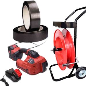 Kit de cerclage polypropylène ARGON 10-16mm PET/PP avec batterie et chargeur + feuillard PP 12mm - chariot de cerclage